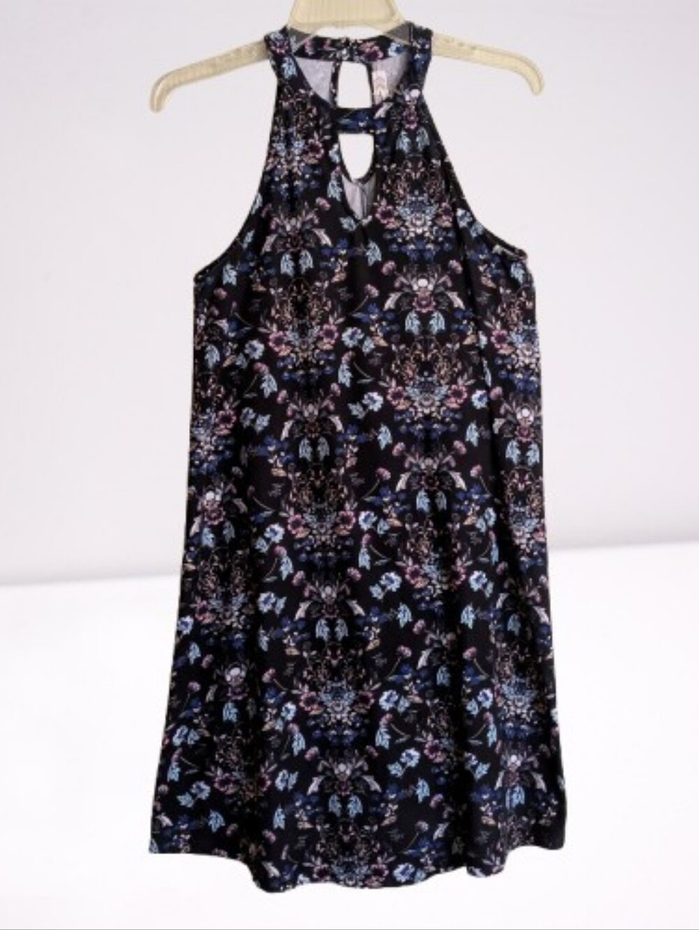 Pink Rose Multicolor Floral Print Halter Dress With Black Background Stretchy